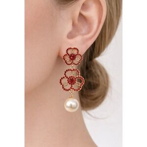 Mint Red Rhinestone Flower Drop Earrings Gold Tone Faux Pearl Statement